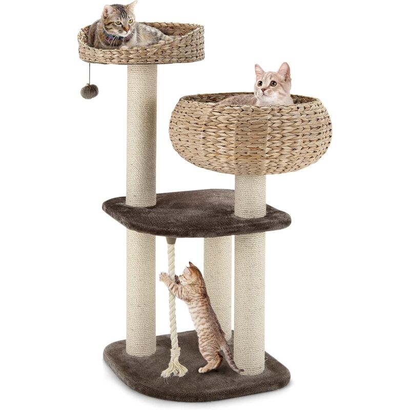 foto del prodotto goplus tiragraffi per gatti in legno, con cuccia e piattaforma, lavorato a mano, design moderno e compatto, albero rampicante in corda sisal