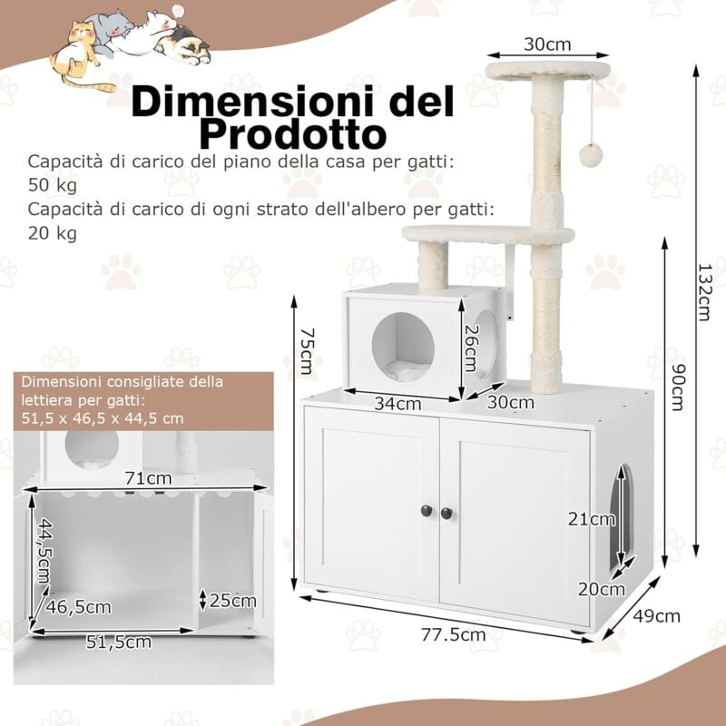 foto del prodotto goplus tiragraffi per gatti, lettiera, ideale per gatti adulti, 77,5 x 49 x 132 cm bianco 