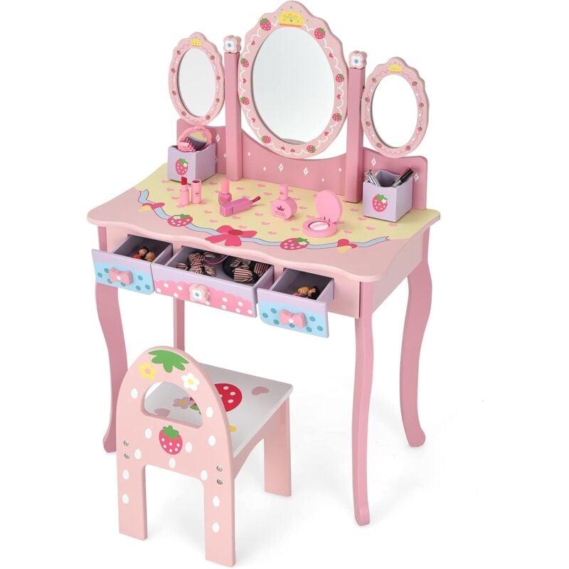 foto del prodotto goplus toeletta bambina, set tavolo da trucco con sgabello, 3 specchi rimovibili girevoli a 90 , 3 cassetti e 2 scomparti, in legno durevole,