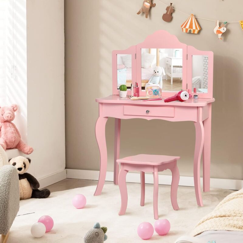 foto del prodotto goplus toeletta bambina, set tavolo da trucco con sgabello, con specchio in 3 parti, stile principessa, 70 x 34 x 104 cm rosa 