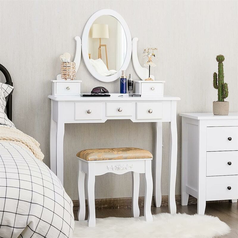 foto del prodotto goplus toeletta da trucco, 2 in 1, con specchio rimovibile, 5 cassetti e sgabello imbotitto, per camera da letto, bagno, salone, legno, 80 x 40 x 136