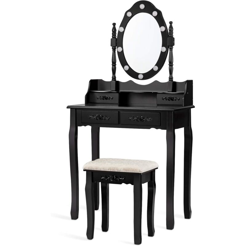 foto del prodotto goplus toeletta da trucco con specchio ovale e luci a led, tavolo da trucco con 4 cassetti e sgabello imbottito in spugna, toeletta con gambe in