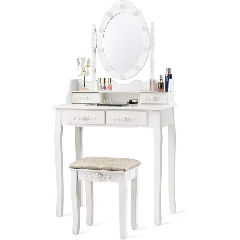foto del prodotto goplus toeletta da trucco con specchio ovale e luci a led, tavolo da trucco con 4 cassetti e sgabello imbottito in spugna, toeletta con gambe in