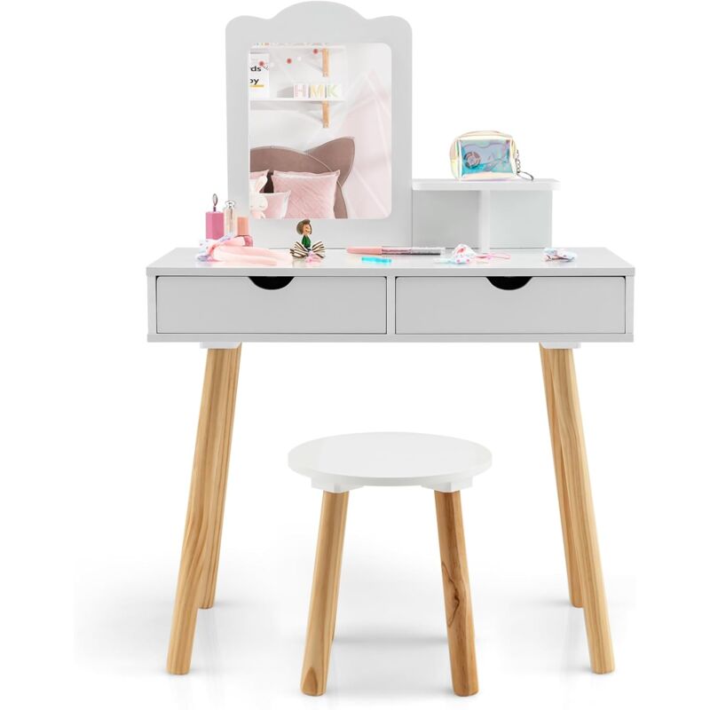 foto del prodotto goplus toeletta da trucco per bambini con sgabello, tavolo da trucco e scrivania 2 in 1 con specchio rimovibile, 2 cassetti, mensola di