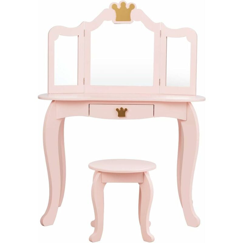 foto del prodotto goplus toeletta per bambine con 3 specchi, toeletta da trucco con sgabello, cassetto e bambola, di mdf e legno di pino, 80x42x106 cm rosa 