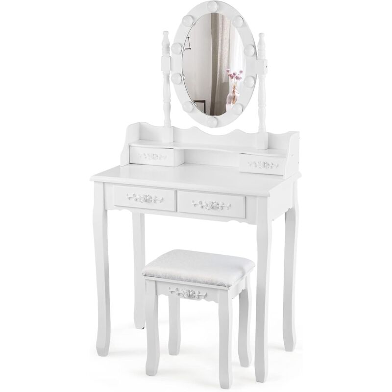 foto del prodotto goplus toeletta trucco, con luci led, 2 in 1, 4 cassetti per cosmetici, specchio staccabile, sgabello imbotitto, in 3 colori, per camera da letto