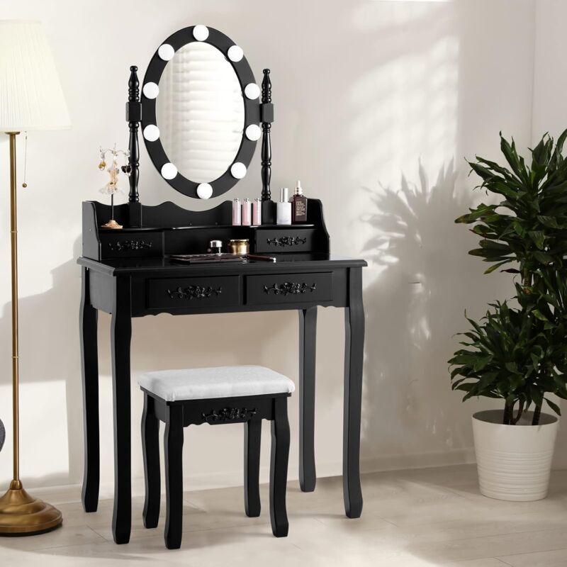 foto del prodotto goplus toeletta trucco, con luci led, 2 in 1, 4 cassetti per cosmetici, specchio staccabile, sgabello imbotitto, in 3 colori, per camera da letto