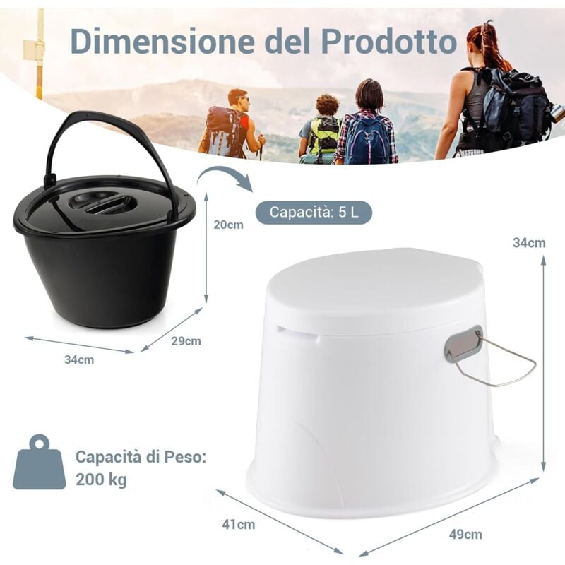 foto del prodotto goplus toilette portatile, capacit di 5l, supporta 200 kg, wc da campeggio da viaggio, toilette secca con sedile rimovibile e coperchio, facile da