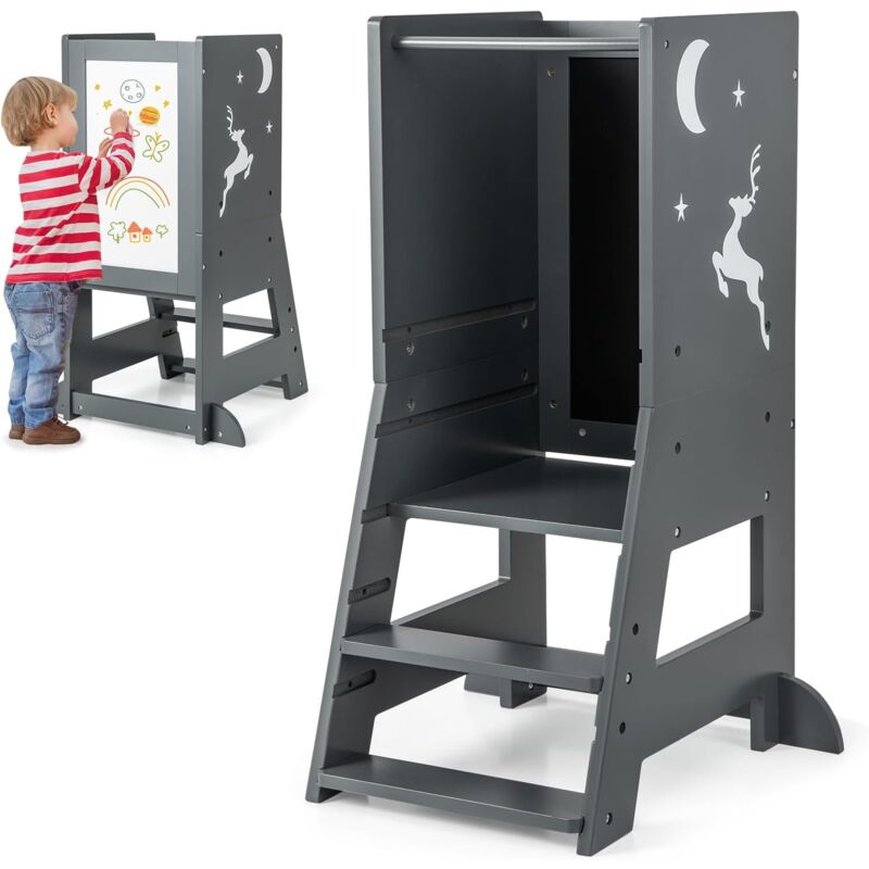 foto del prodotto goplus torre di apprendimento per bambini, torre da cucina in legno con lavagna, 3 penne, piattaforma e gradino regolabili, ringhiera di sicurezza