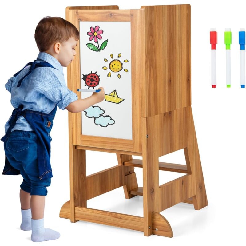 foto del prodotto goplus torre di apprendimento per bambini, torre da cucina in legno con lavagna, 3 penne, piattaforma e gradino regolabili, ringhiera di sicurezza