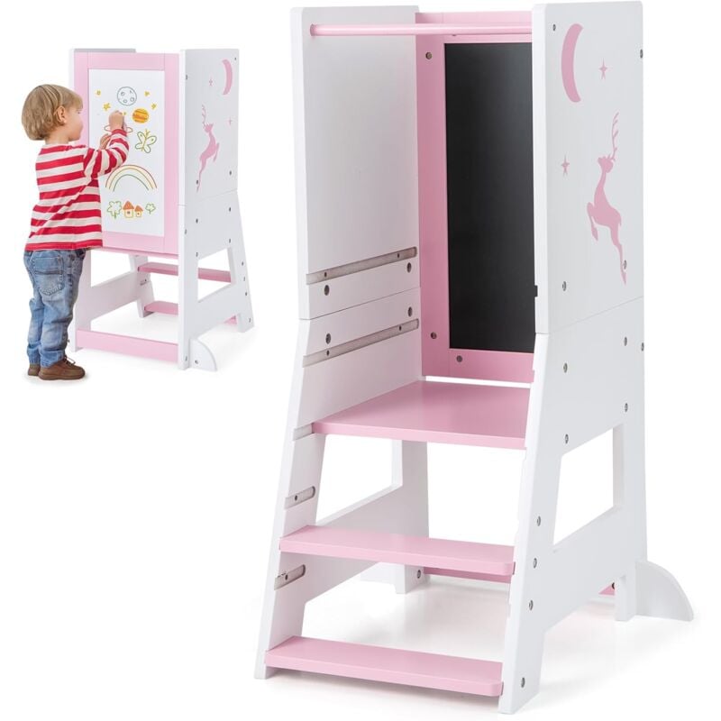 foto del prodotto goplus torre di apprendimento per bambini, torre da cucina in legno con lavagna, 3 penne, piattaforma e gradino regolabili, ringhiera di sicurezza