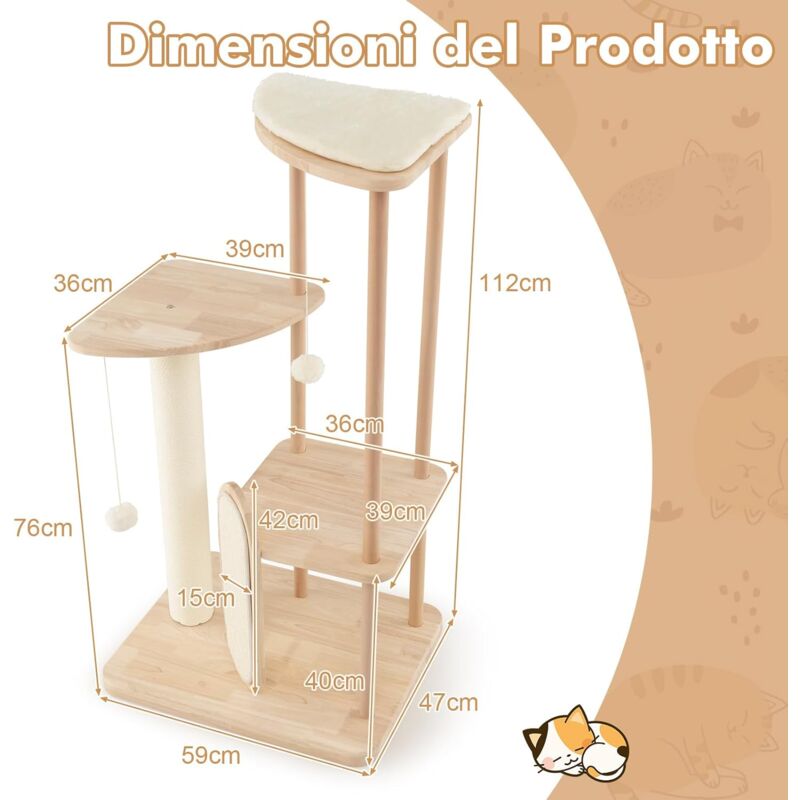 foto del prodotto goplus torre per gatti a pi livelli 59 x 47 x 112 cm, albero per gatti in legno, tappeto sisal e palo per graffi, 2 giochi pensili, centro
