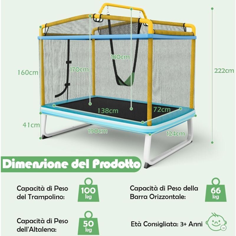foto del prodotto goplus trampolino elastico per bambini, 3 in 1 con altalena e barra per trazioni, rete di sicurezza, interno ed esterno, idea regalo per bambini 3 