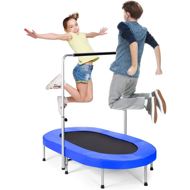 foto del prodotto goplus trampolino per 2 persone, trampolino ovale da fitness per adulti e bambini, con corrimano e altezza regolabile, 153x100x 88 128 cm blu 