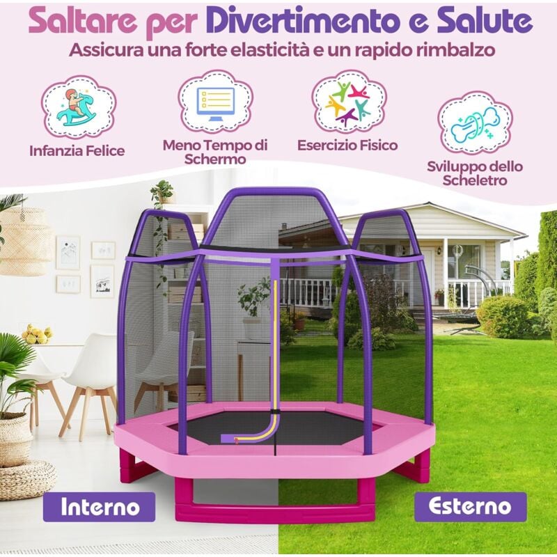 foto del prodotto goplus trampolino per bambini con rete di sicurezza, trampolino ricreativo con materassino elastico, robusto telaio in acciaio zincato, 223 x 223 x