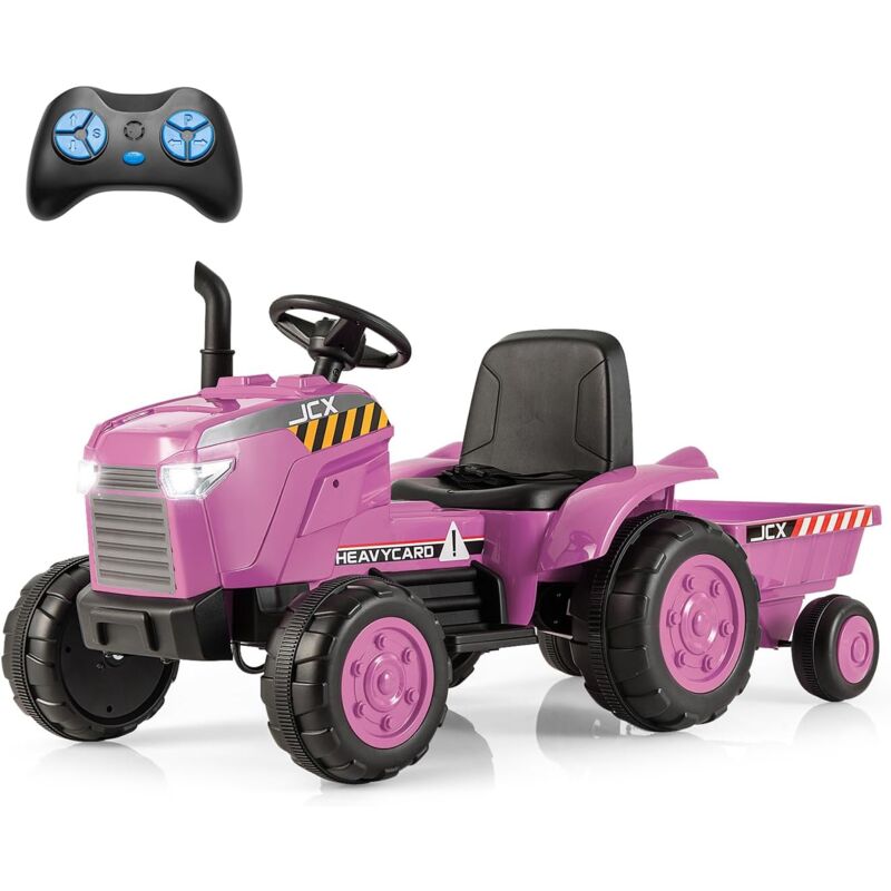 foto del prodotto goplus trattore elettrico per bambini a 12v, macchina con rimorchio rimovibile e 3 marce, auto giocattolo cavalcabile con telecomando, luci led,