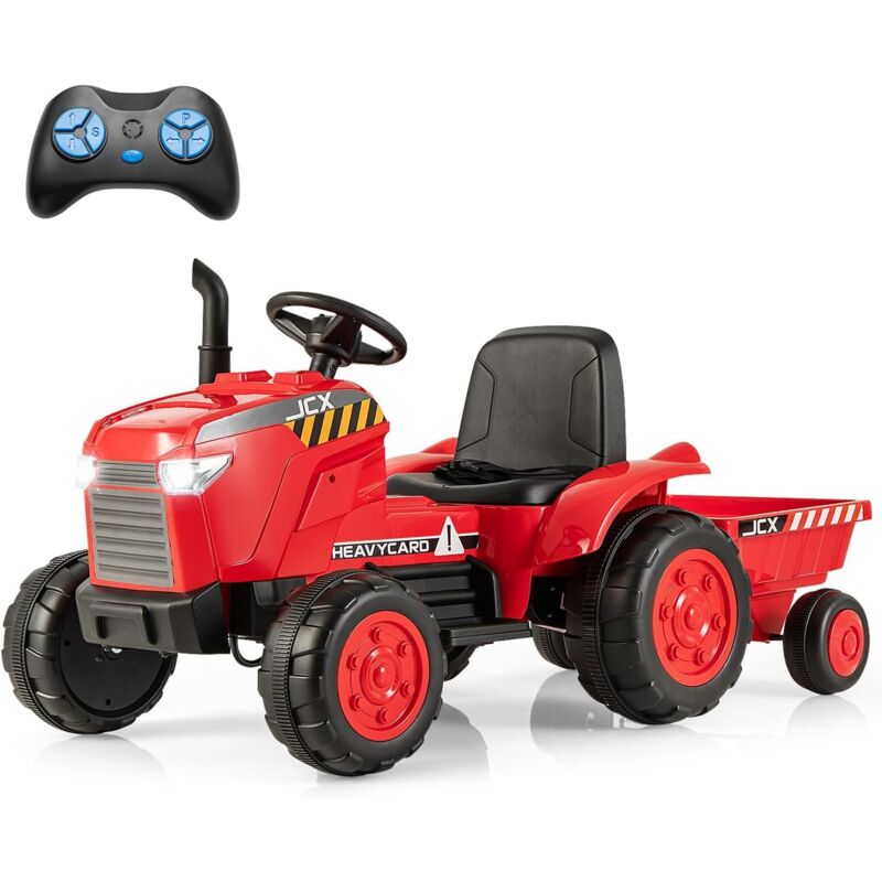 foto del prodotto goplus trattore elettrico per bambini a 12v, macchina con rimorchio rimovibile e 3 marce, auto giocattolo cavalcabile con telecomando, luci led,