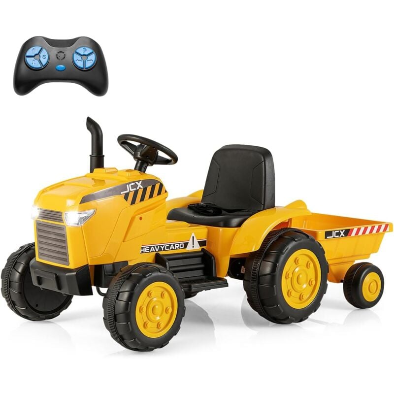 foto del prodotto goplus trattore elettrico per bambini a 12v, macchina con rimorchio rimovibile e 3 marce, auto giocattolo cavalcabile con telecomando, luci led,