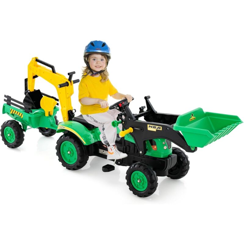 foto del prodotto goplus trattore per bambini, auto per bambini con 6 ruote, rimorchio rimovibile, bulldozer non elettrico, trattore da costruzione per 3 6 anni,