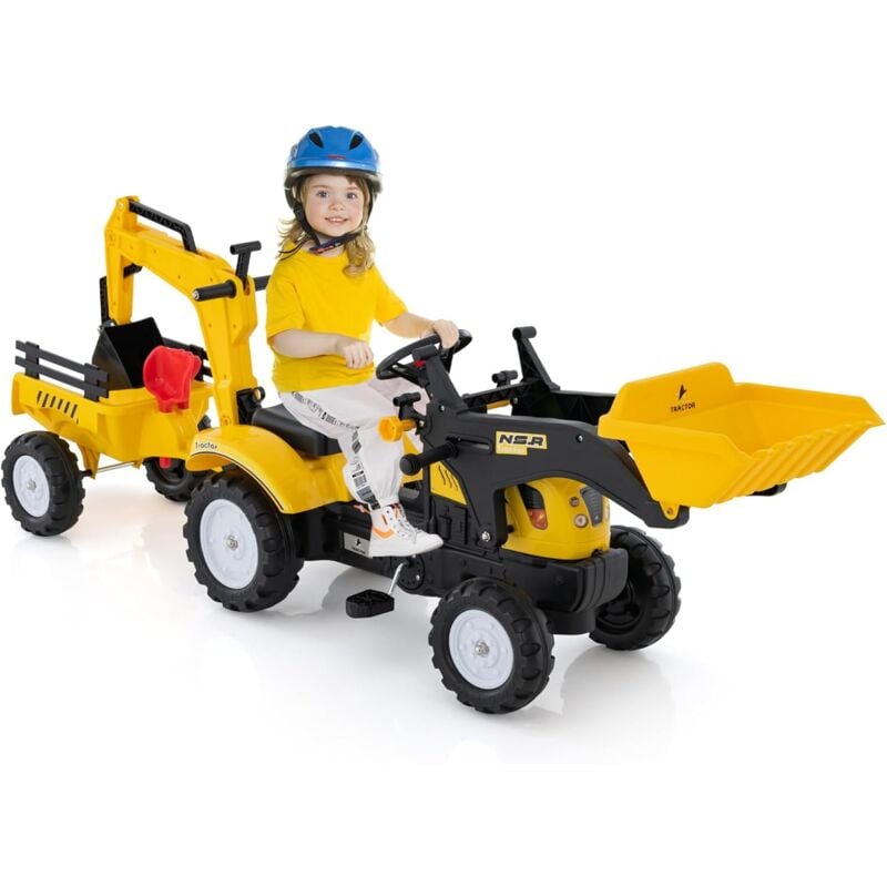 foto del prodotto goplus trattore per bambini, auto per bambini con 6 ruote, rimorchio rimovibile, bulldozer non elettrico, trattore da costruzione per 3 6 anni,