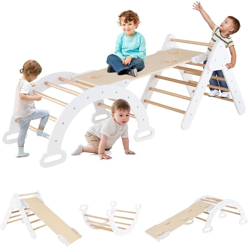 foto del prodotto goplus triangolo da arrampicata per bambini, 5 in 1 set arrampicata con scivolo, arco di arrampicata a scala, triangolo di gioco in legno per