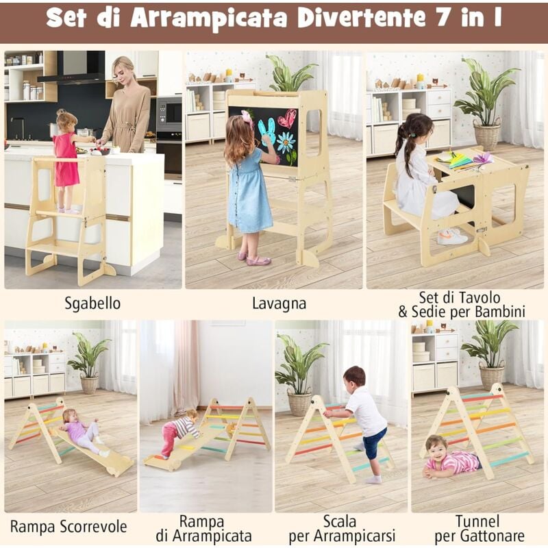 foto del prodotto goplus triangolo da arrampicata per bambini, 7 in 1 set arrampicata con scivolo, arco di arrampicata a scala, triangolo di gioco in legno per