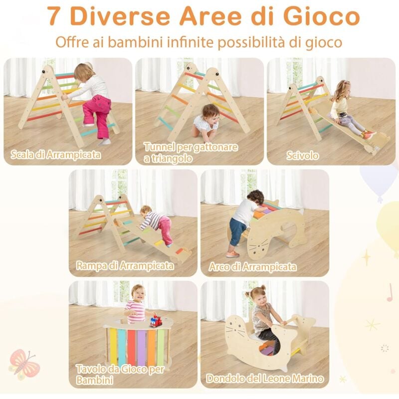 foto del prodotto goplus triangolo da arrampicata per bambini, 7 in 1 set arrampicata con scivolo reversibile, arco di arrampicata a scala, triangolo di gioco in