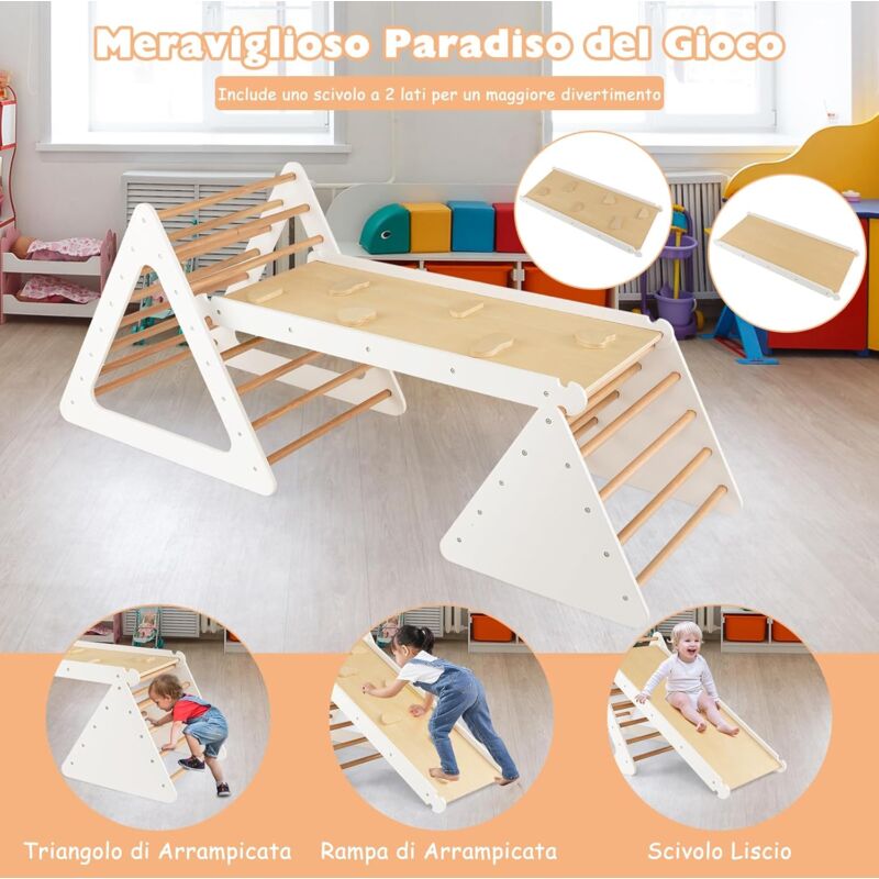 foto del prodotto goplus triangolo da arrampicata per bambini con scivolo, triangolo di arrampicata in legno, giocattolo a scala giocattoli da arrampicata