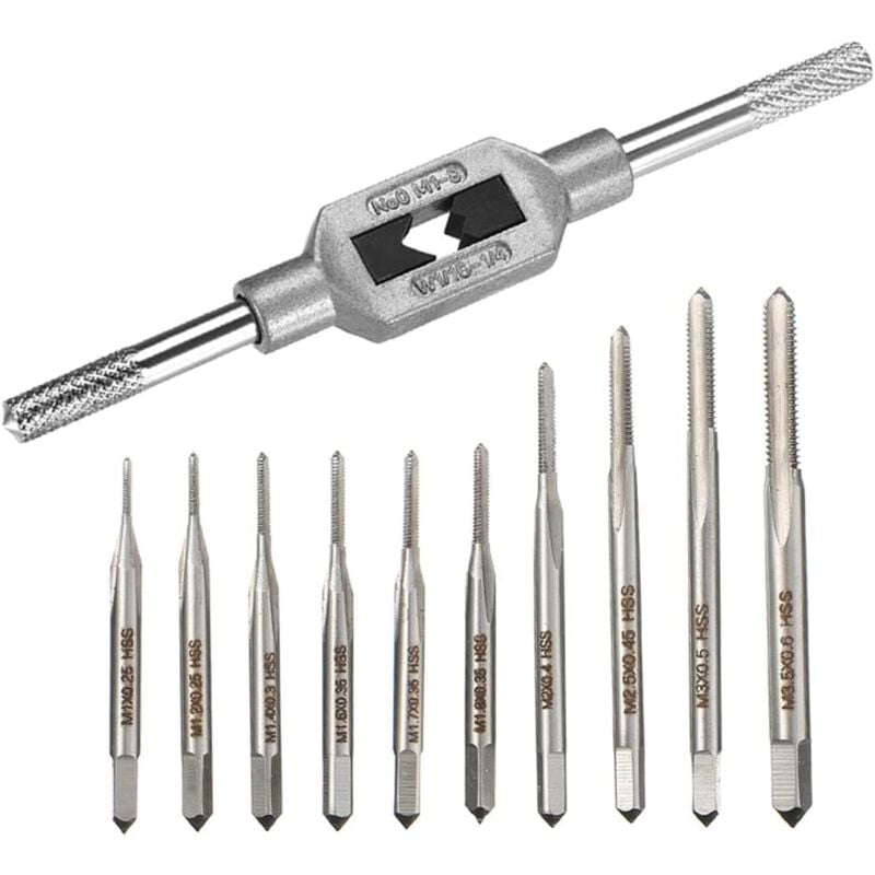 foto del prodotto gotrays 10 pezzi mini micro metrico maschio e filiera set m1 m3.5 punta da trapano filettatura vite filettatura strumento con chiave regolabile per
