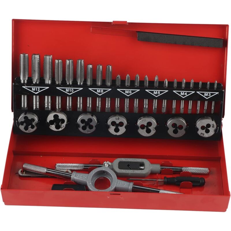 foto del prodotto gotrays 32 pezzi set set di maschi e filiere, set di maschi e filiere regolabili in acciaio per cuscinetti blu, kit di utensili per filettatura con