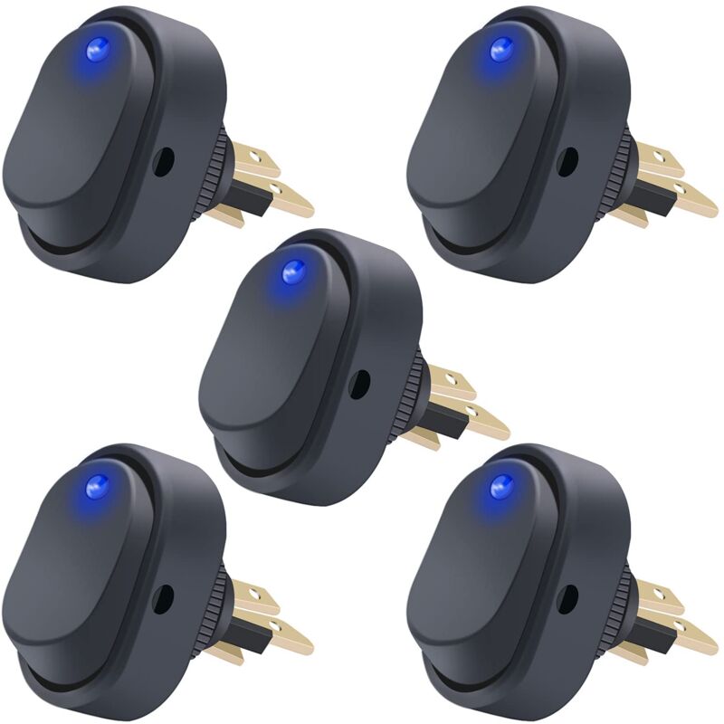 foto del prodotto gotrays 5 pezzi 12v 30a spst 3 pin on off round dot led light pulsante interruttore a bilanciere per auto asw 20d bu, blu