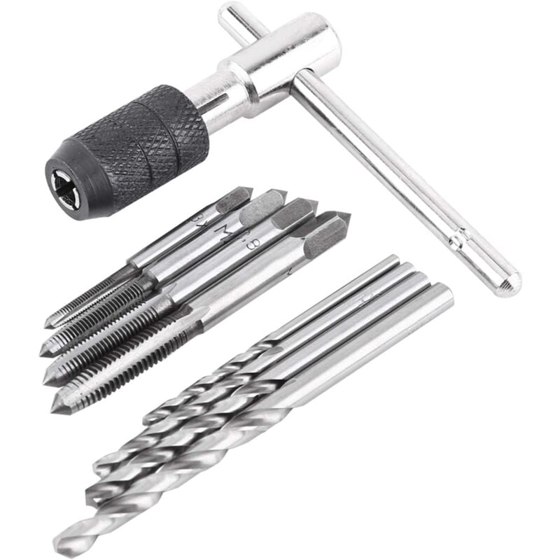 foto del prodotto gotrays 9 pezzi set di maschi per viti, 1 chiave per maschi a t, 4 maschi e 4 punte per trapano elicoidali, set di chiavi per maschi in acciaio per