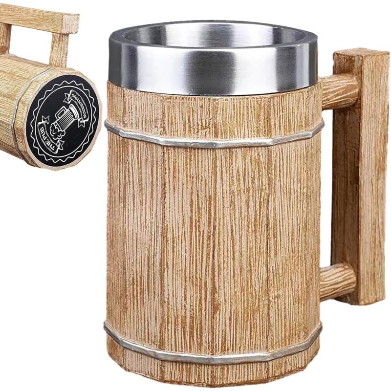 foto del prodotto gotrays boccale da birra a forma di botte di legno tazza da cocktail in acciaio inossidabile a doppia parete grande tazza viking da 600 ml, tazza