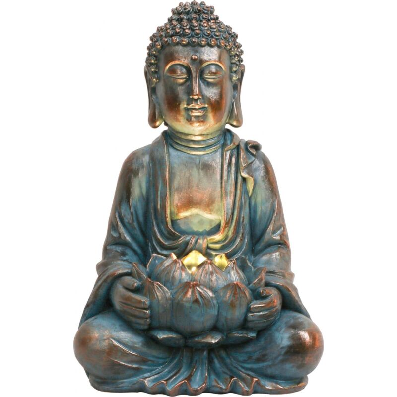 foto del prodotto gotrays buddha da giardino da 32 cm con luce solare, statua di buddha seduto in resina, statuetta zen feng shui resistente alle intemperie e al gelo
