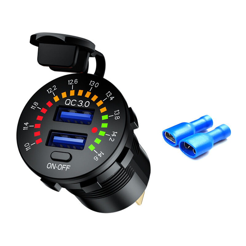foto del prodotto gotrays caricabatteria da auto qc3.0 usb pd tipo c presa di alimentazione con voltmetro interruttore impermeabile 36w 6a 12v presa usb dc 12v per