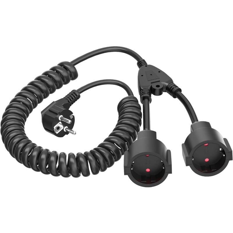 foto del prodotto gotrays cavo di prolunga 3m con 2 prese schuko, cavo a spirale cavo di prolunga a spirale da 0,6 m a 3 m max, cavo di prolunga a spirale con doppia