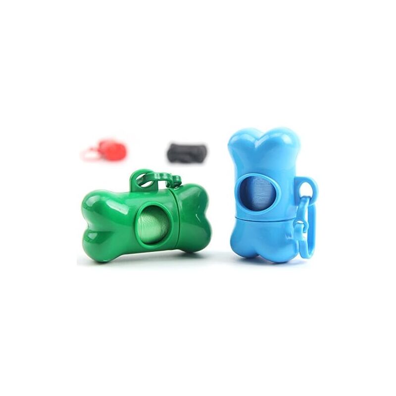 foto del prodotto gotrays confezione da 2 dispenser per sacchetti per escrementi di cani e gatti a forma di osso con 30 sacchetti e clip di plastica, blu e verde,