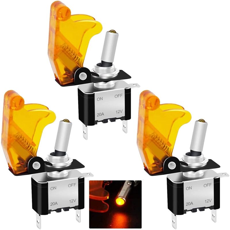 foto del prodotto gotrays interruttore a bilanciere da 3 pezzi 12v 20a per auto da corsa per impieghi gravosi spst on off led giallo illuminato 3 pin con copertura