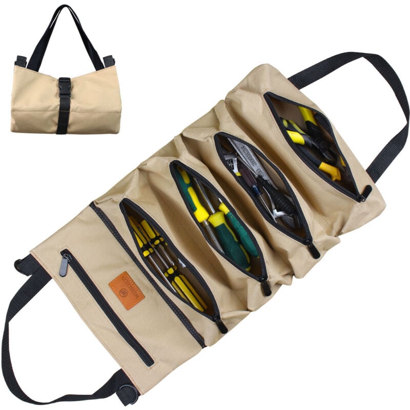 foto del prodotto gotrays kit di attrezzi in tessuto oxford, kit di lavoro elettrico, borsa per attrezzi, kit di attrezzi per ferramenta appesa montata su auto, cachi