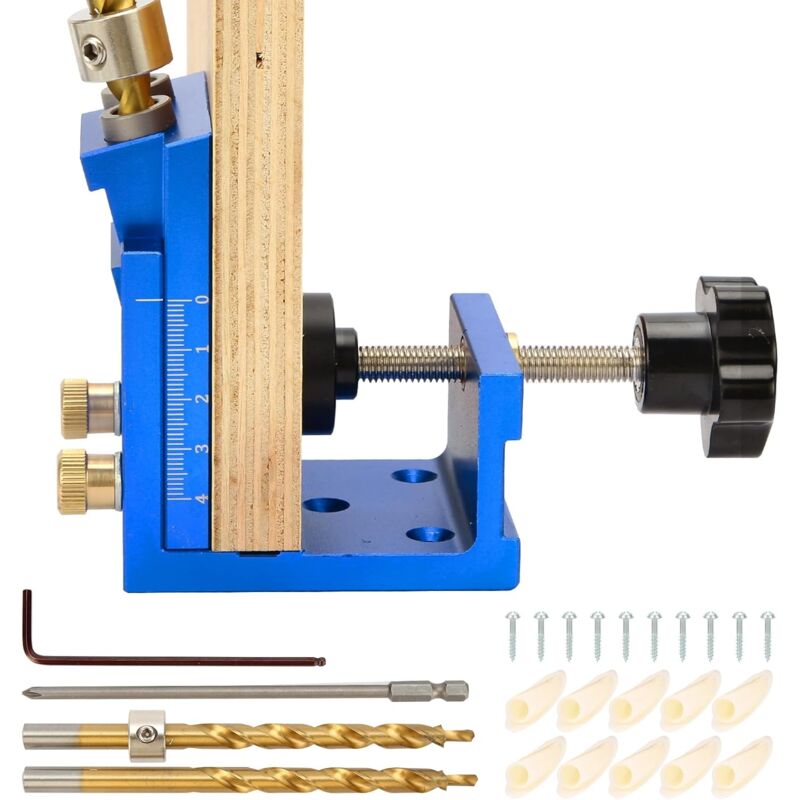 foto del prodotto gotrays kit di fori tascabili, dispositivo di foratura per viti tascabili in metallo da 15 gradi, set di sistema di fori per tasselli tascabili,