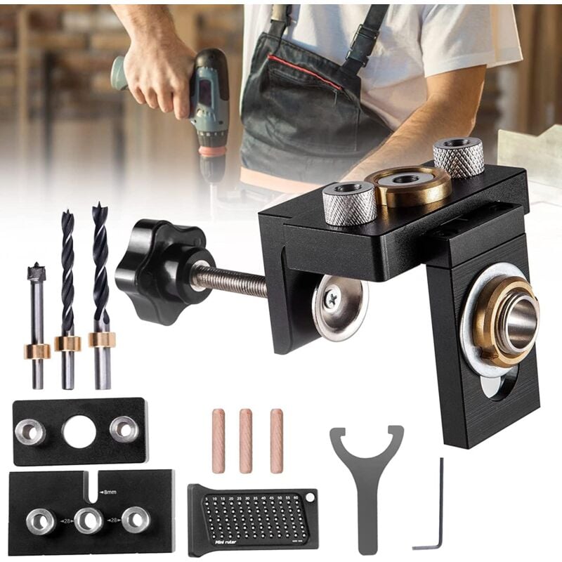 foto del prodotto gotrays kit di guida per foratura per tasselli in legno 3 in 1 aomdom con clip di posizionamento, localizzatore di guida per foratura regolabile e