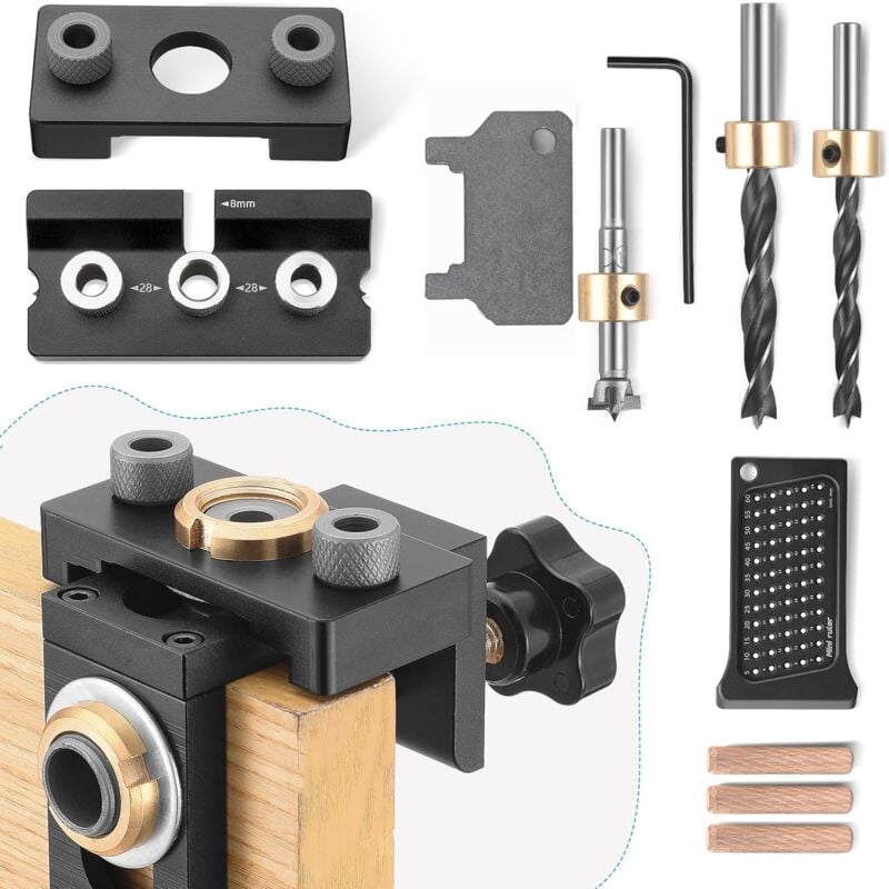 foto del prodotto gotrays kit di guida per trapano per legno 3 in 1 con clip di posizionamento, localizzatore di guida per trapano regolabile e scala, 8 10 15 mm