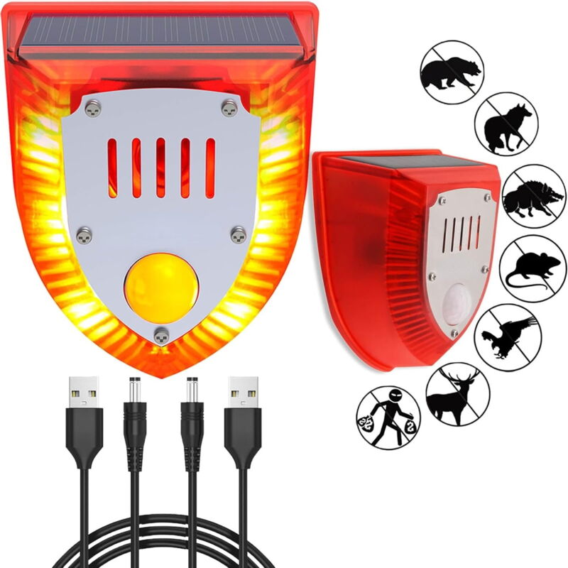 foto del prodotto gotrays luce di allarme solare da 100 db luce di sicurezza solare a led con sensore di movimento sirena acustica esterna luce rossa lampeggiante