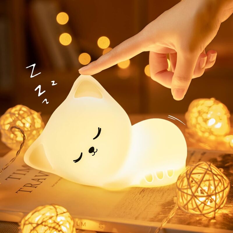 foto del prodotto gotrays luce notturna per bambini a forma di gatto, luce notturna ricaricabile per neonati, led portatile, silicone portatile