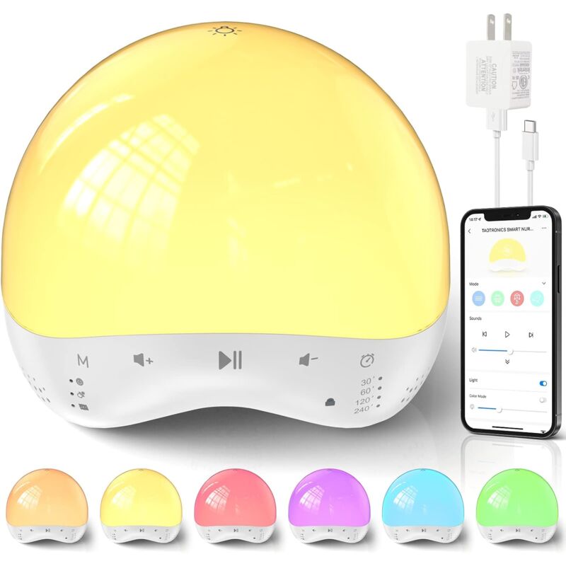 foto del prodotto gotrays luce notturna per bambini con sveglia, controllo tramite app tuya pulsante touch, 7 colori, 25 suoni rilassanti, luce notturna, per chi