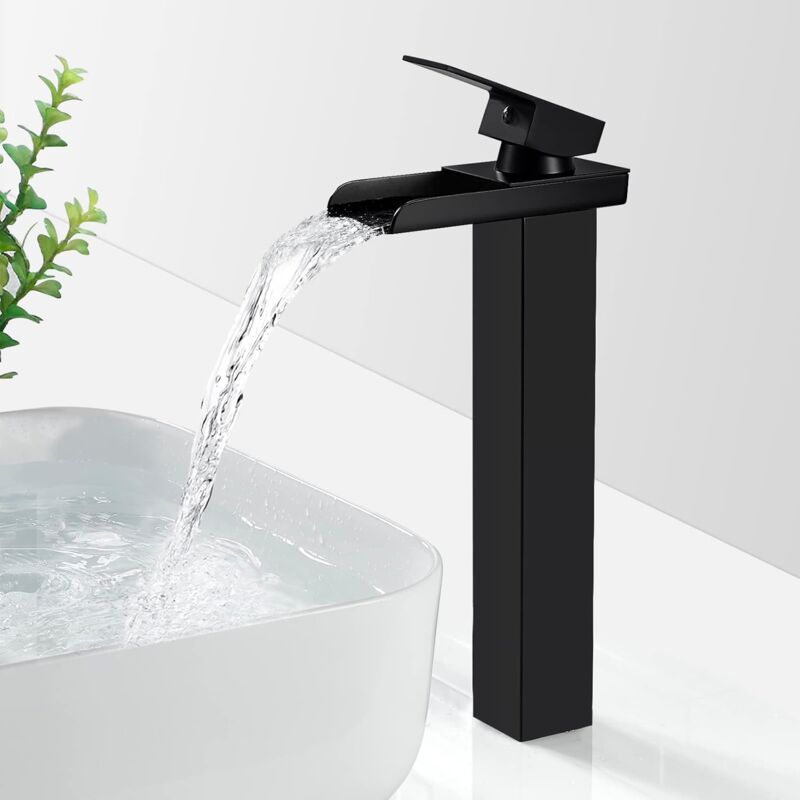 foto del prodotto gotrays miscelatore moderno per bagno a cascata nero, miscelatore per lavabo a cascata, miscelatore per lavabo, miscelatore per bagno in ottone,