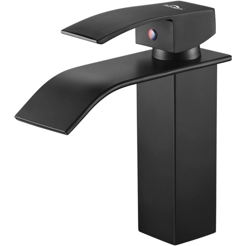 foto del prodotto gotrays miscelatore per lavabo da bagno moderno nero, grande beccuccio quadrato in ottone per acqua calda e fredda altezza 18 cm 