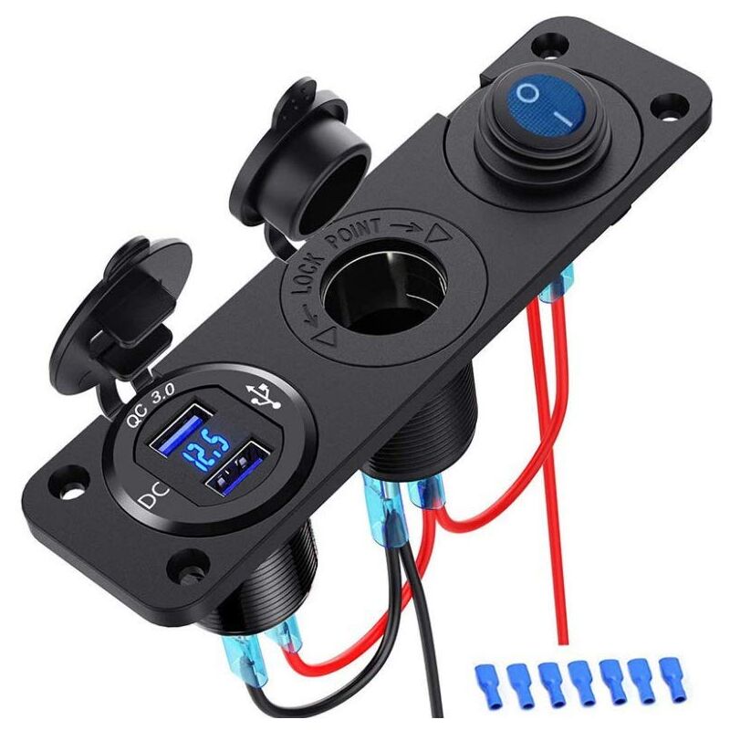 foto del prodotto gotrays presa usb 12v qc 3.0, interruttore a pulsante impermeabile 3 in 1 con voltmetro a led, interruttore on off, accendisigari per camion,
