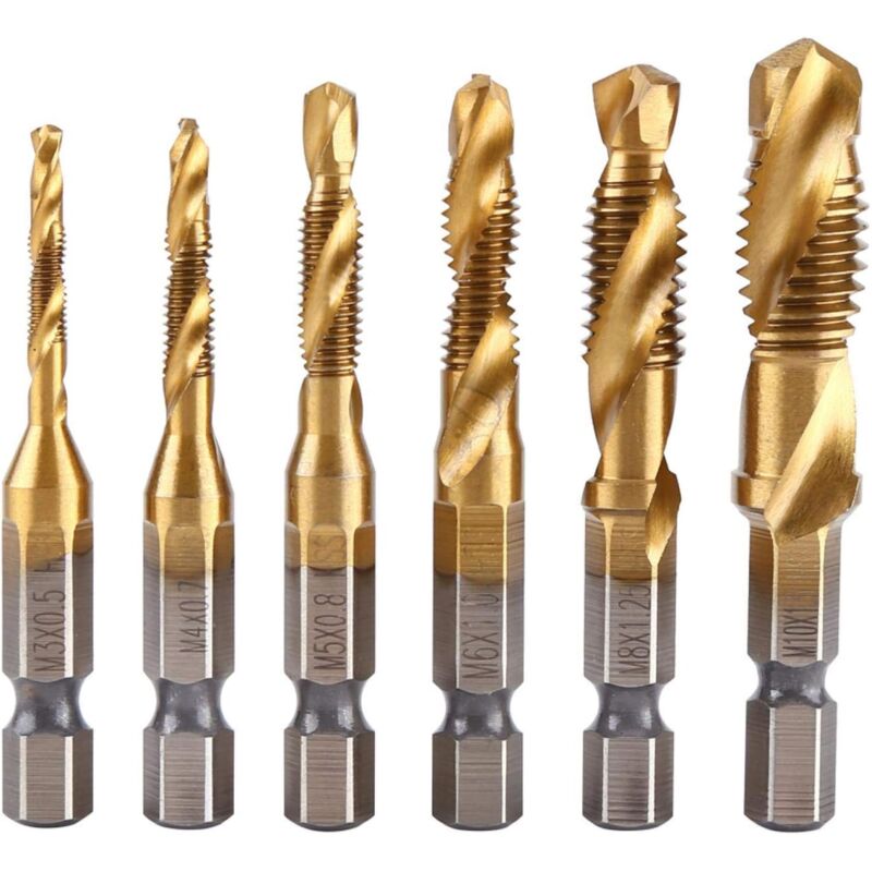 foto del prodotto gotrays punta per trapano e maschiatore combinati, 6 punte per trapano hss rivestite in titanio con filettatura metrica m3 m10 e punte per
