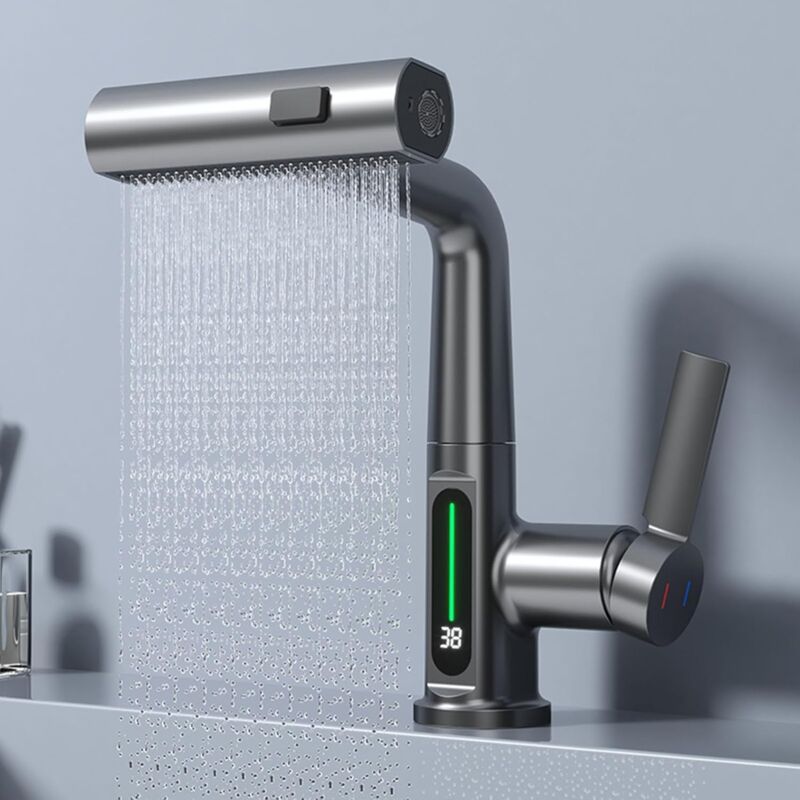 foto del prodotto gotrays rubinetto da cucina a cascata con spruzzatore in acciaio inox nichel spazzolato, rubinetto da cucina estraibile, rubinetto da bar